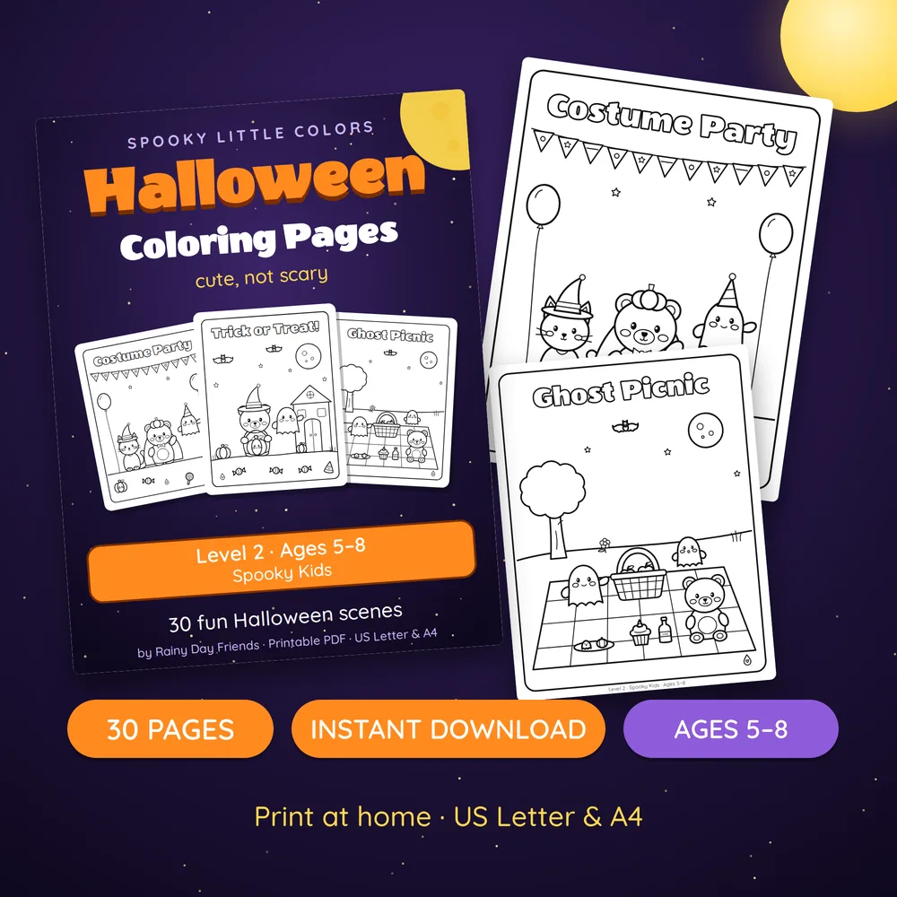 Spooky Kids coloring book cover with sample pages